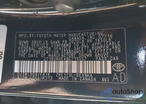2016 Toyota Corolla Le z USA, uszkodzony, nr VIN 2T1BURHE4GC715557